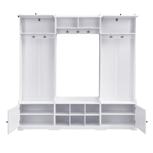 English Elm VIBE Modern Hall Tree with Shoe Cabinets, 3-Seat Bench, 7 Hooks & Adjustable Shelves, 79" wide White SJ000147AAK