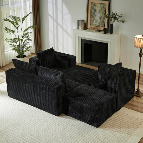 English Elm 133.86" Cloud Modular U-shaped Sectional Ribbed Corded Fabric Deep Seat Living Room Sofa Black W668S00009