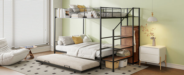 English Elm Twin Metal Bunk Bed with Trundle, Lateral Storage Ladder & Wardrobe | Space-Saving Durable Design Black SF000173AAB