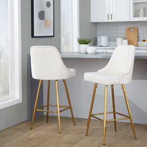English Elm Fixed-height Counter Stools Gold Frame White Faux Leather Nailhead Set for Kitchen Islands B202S01852