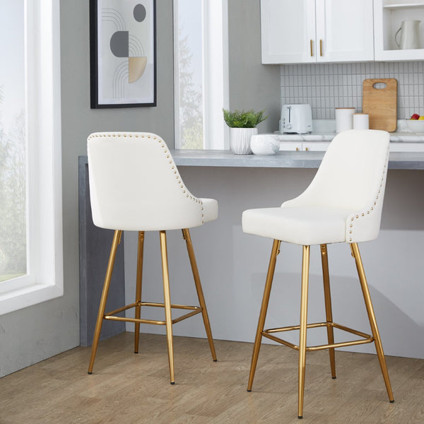 English Elm Fixed-height Counter Stools Gold Frame White Faux Leather Nailhead Set for Kitchen Islands B202S01852