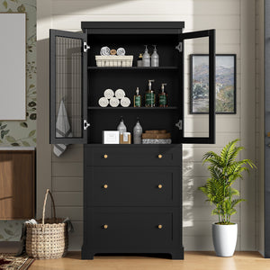 English Elm 70.1" Modern Tall Storage Cabinet with 3 Drawers, 2 Adjustable Shelves, Soft-Close Glass Doors, Gold Handles Black N729P271979B