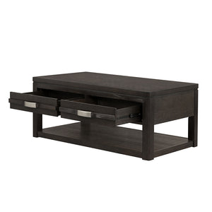 English Elm 48x26x20" Cocktail Table with Oak Veneer, Metal Accents, Hidden Drawers & Lower Shelf for Stylish Storage W2078P179682