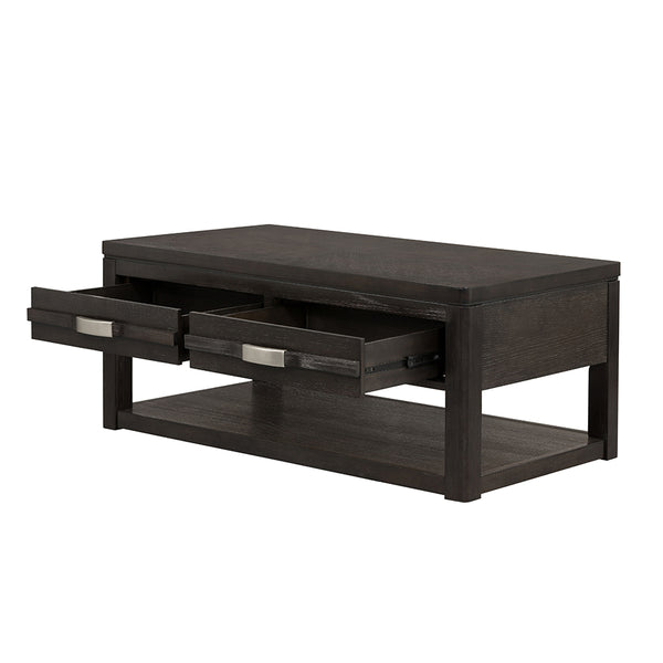 English Elm 48x26x20" Cocktail Table with Oak Veneer, Metal Accents, Hidden Drawers & Lower Shelf for Stylish Storage W2078P179682