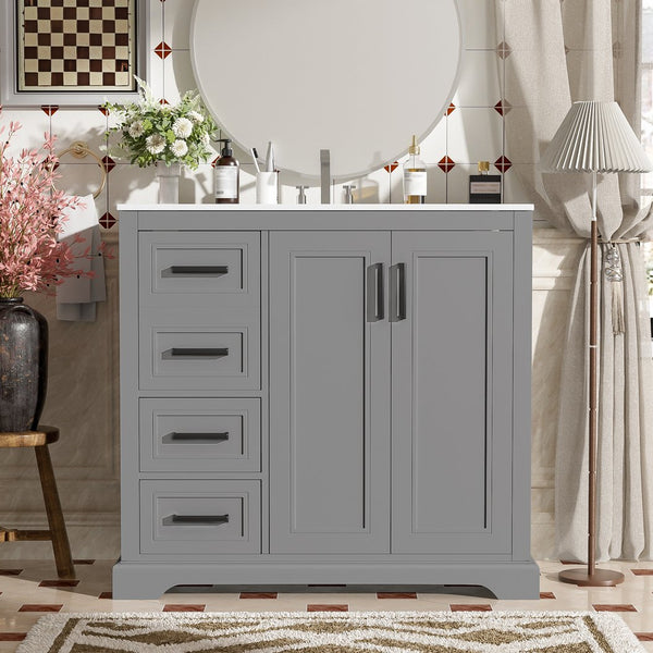 English Elm 36" Modern Bathroom Vanity with Ceramic Sink, Soft-Close Doors, 3 Drawers & Ample Storage for Small Baths Gray N729P280194E