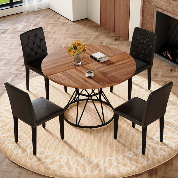 English Elm Table and Chair Set Round Walnut Mdf Top Matte Black Metal Base Industrial Dining W1151S04847