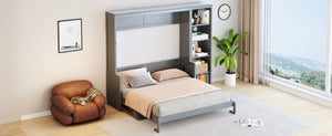 English Elm Queen Size Murphy Bed With Integrated Desk & Bookshelf – Stylish Gray Space-Saving Solution! N7090004016E-GIGA