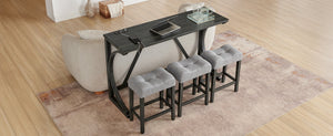 English Elm 59 Inch Bar Table Set with Power Outlet Rubberwood Frame and 3 Linen Stools Black W2972P385253