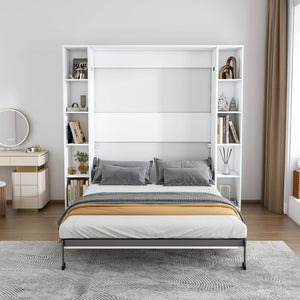 English Elm Queen Murphy Bed Foldable Wall Unit with Side Cabinets and Solid Wood Slat Support W509S00152