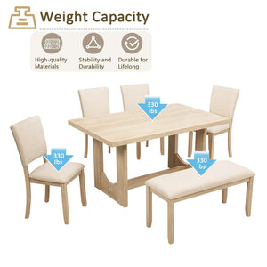 English Elm 6 Piece Light Oak Dining Set with Bench Upholstered Linen Chairs U-shaped Base W1998S00094