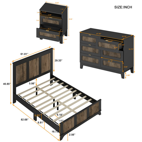 English Elm 4-Pieces Queen Platform Bed Set with Storage Nightstands & Dresser, Wooden Strip Accent, Modern Farmhouse Elegance Black 52.17 L x 18.5 W x 11.81 H HL000191AAB