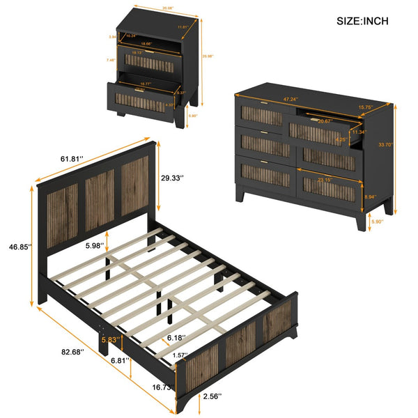 English Elm 4-pieces Farmhouse Queen Bedroom Set with Platform Bed Dresser and Storage Nightstands Black N733S333812B