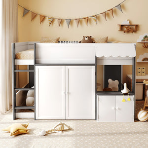 English Elm Twin House Loft Bed with Pull Out Rolling Desk Stair Drawers and Cabinet Storage White+Gray N820S00074E