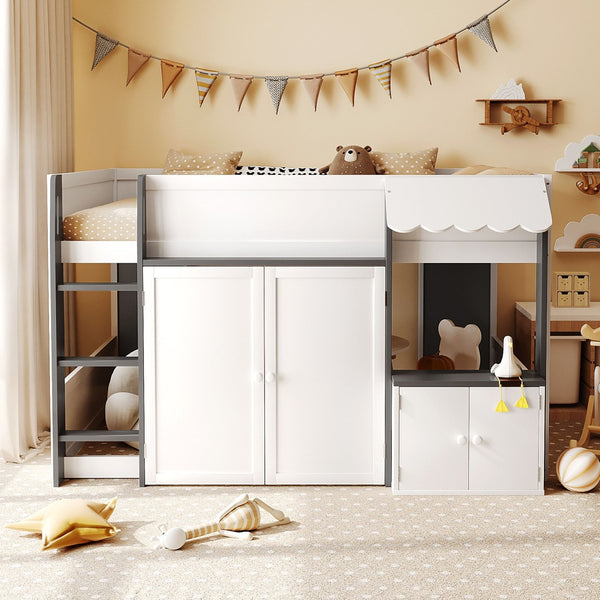 English Elm Twin House Loft Bed with Pull Out Rolling Desk Stair Drawers and Cabinet Storage White+Gray N820S00074E