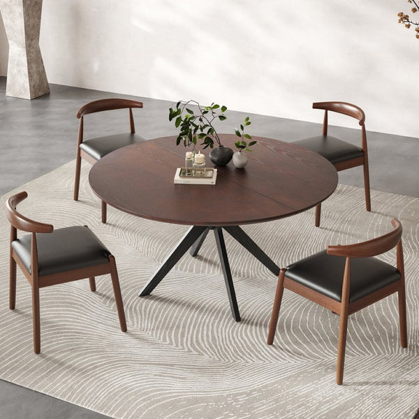 English Elm 47" Round Wood Dining Table Seats Six with Industrial Metal Base for Modern Homes Black + Dark Walnut T3623P437343