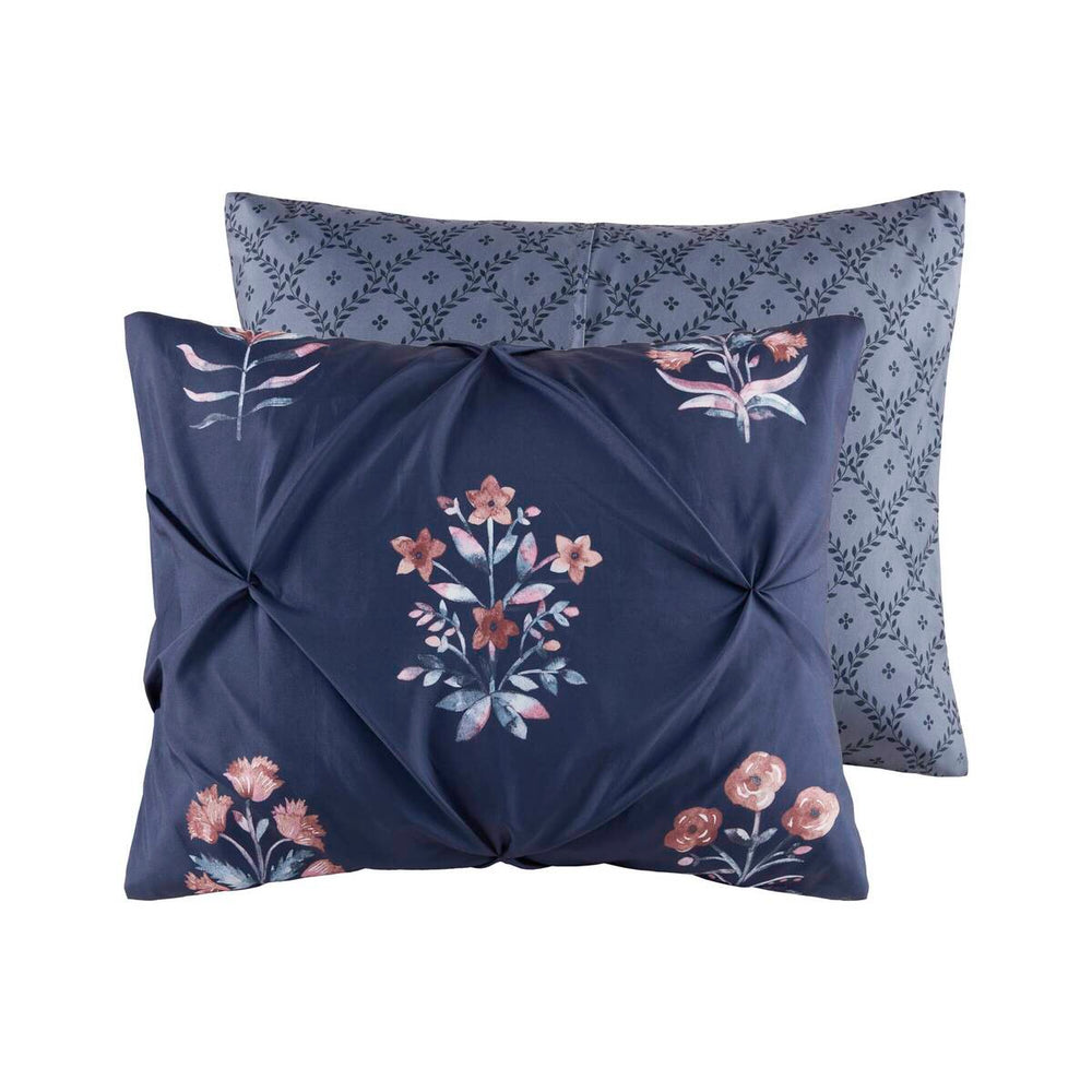 English Elm King/Cal King Floral Pintuck Duvet Cover Set – Navy Microfiber, Modern Farmhouse Elegance, Button Closure & Inner Ties B035P217808
