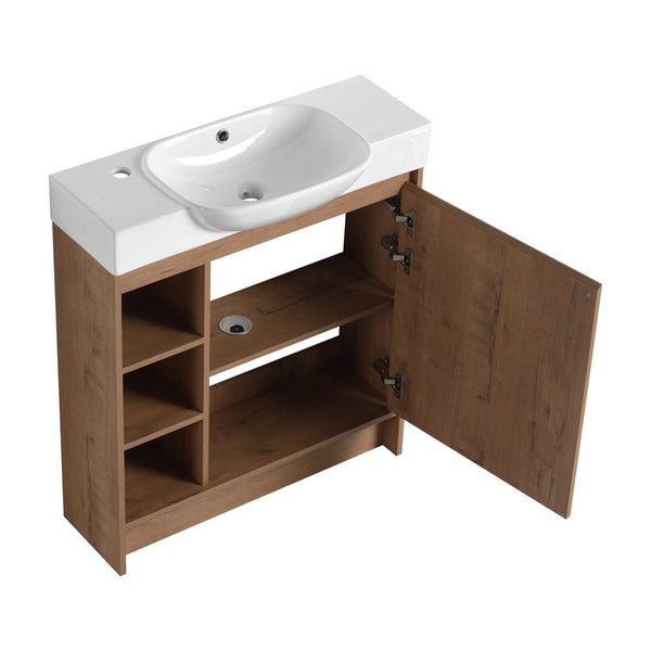 English Elm 30'' Freestanding vanity with white ceramic sink, soft-close doors, water-resistant melamine finish, modern handle design Imitative Oak W999P310754