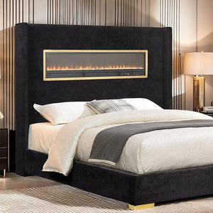 English Elm Contemporary Queen Platform Bed Upholstered Fabric Headboard with Built-in 3d Fireplace B2741P439939