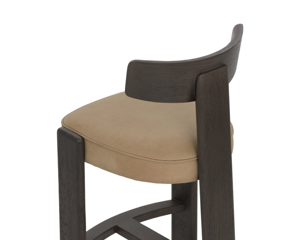 Sunpan HORTON Counter Stool - Dark Brown Oak Frame with Sahara Sand Leather for Ergonomic Comfort & Style 112395