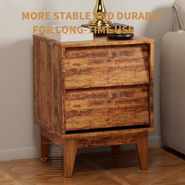 English Elm 2 Nightstands Vintage Bevel Design with Hidden Drawer Pulls and Solid Wood Legs for Stable Style Brown W578P192477