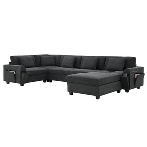 English Elm 128*67" U Shaped Sectional Sofa with Movable Ottoman, Hidden Armrest Storage, Cup Holders & USB Ports Black N723S0192B