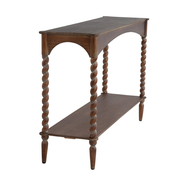 English Elm 47x22x18.5" Rustic Wood Coffee Table with Spiral Turned Legs and Open Storage Shelf W2078P460473
