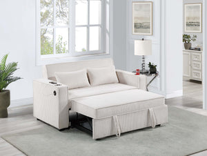 English Elm Beige Convertible Corduroy 2-Seat Sleeper Sofa with Cup Holders, USB Ports & Throw Pillows — Cozy B011S01585