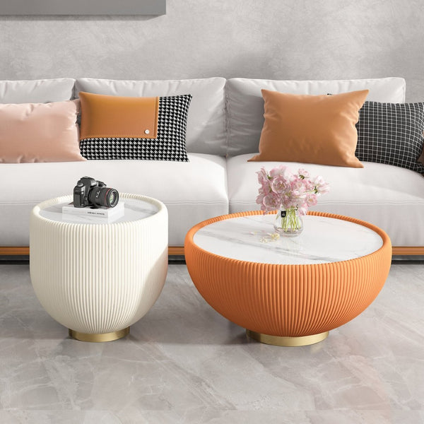 English Elm Modern Sintered Stone Round Side Table Leather Edge Brass Base Living Room Accent Beige,Gold,Marble W3081P293643