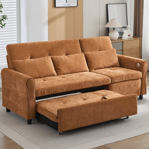 English Elm 2-in-1 Sofa Pull-Out Sleeper with Reversible Recliner, USB Ports, Tufted Curved Arms, 82" Comfort Orange N719S002010G