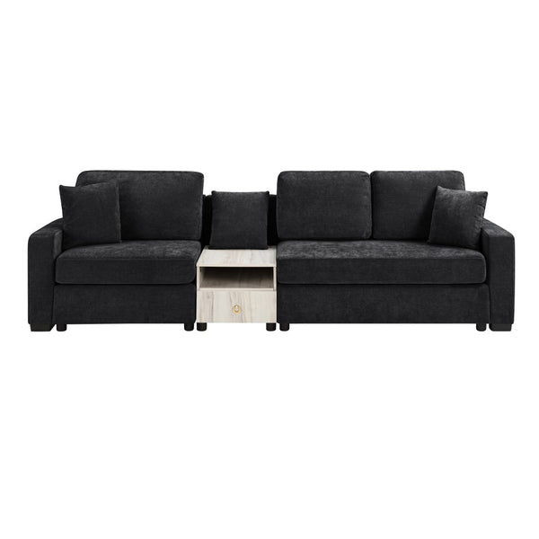 English Elm Modern Chenille Three Seat Sofa with Console Storage Armrest for Living Room Black N763S000060B