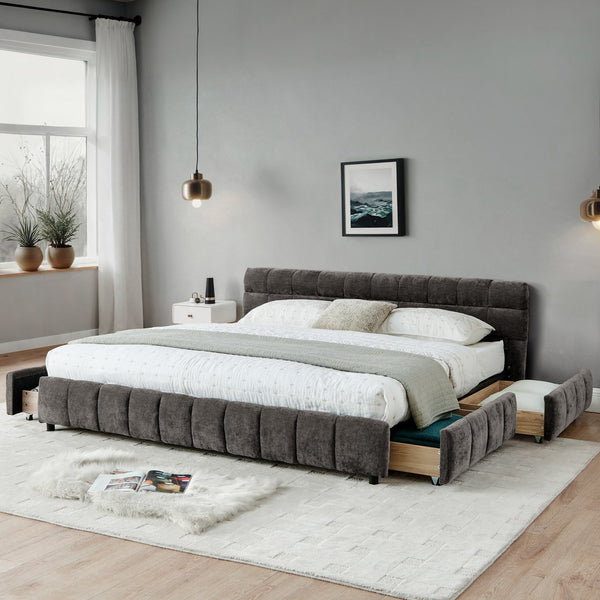 English Elm California King Upholstered Bed Frame - Plush Chenille, Modern Storage Design With Headboard, Dark Gray W487P311315