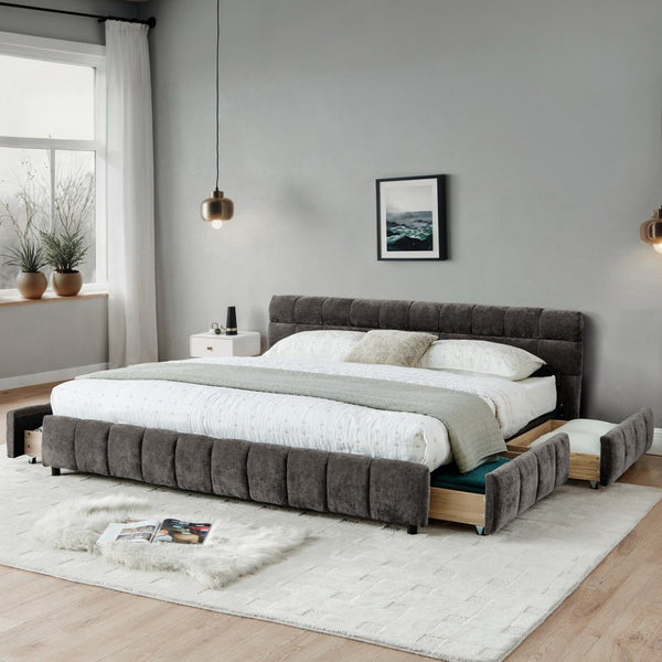 English Elm California King Platform Bed Chenille Upholstered Frame with Storage Drawers Modern Dark Gray W487S00421