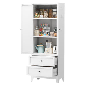 English Elm 72 Inch White Steel Pantry Cabinet with 2 Drawers, Adjustable Shelves, Anti-Tip Ventilated Organizer 72" W2735P332346