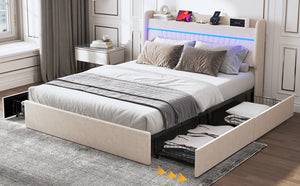English Elm Queen Velvet Upholstered Bed Frame with USB Charging, Color-Changing LED Lights & 4 Drawer Storage Beige W636S00007