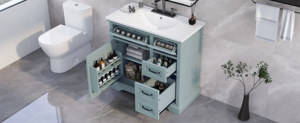 English Elm [video] 36 Inch Freestanding Bathroom Vanity Rubberwood Cabinet with Ceramic Sink Storage Grey N759P313315F
