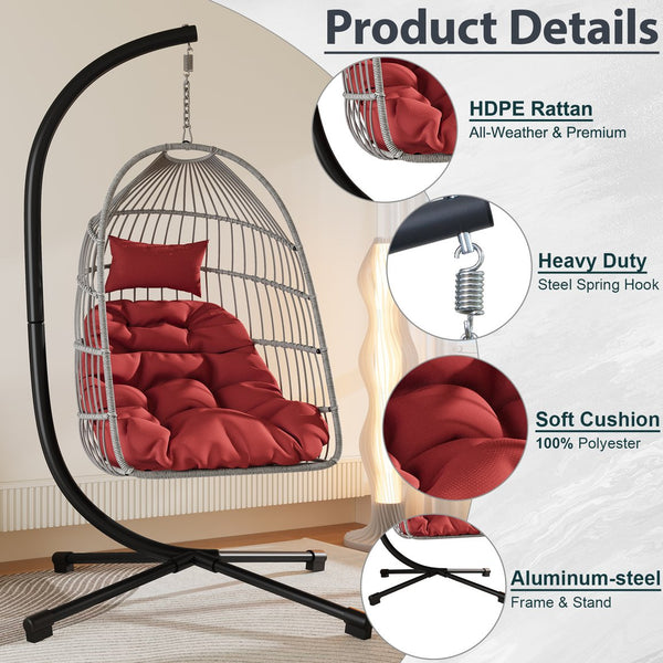 English Elm Foldable Hanging Egg Chair with Stand Pillow, HDPE Wicker, Rust‑Resistant Frame, Cushioned Headrest, 350lb Capacity Red W2500P369714