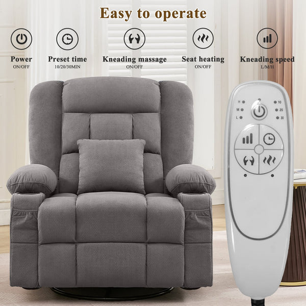 English Elm Kneading Massage Rocker Recliner with 4‑Point 3D Kneading, Heat, USB Port, Cup Holders & Swivel Comfort Grey W1521P390945