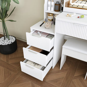 English Elm Modern Makeup Vanity Desk with Led Lighting Four Drawers Mirror and Built-in Power Outlet White W509P465830