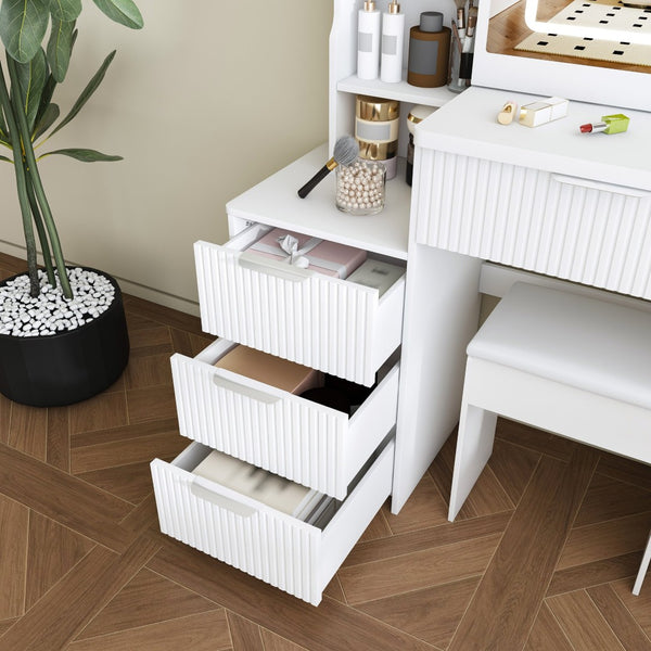English Elm Modern Makeup Vanity Desk with Led Lighting Four Drawers Mirror and Built-in Power Outlet White W509P465830