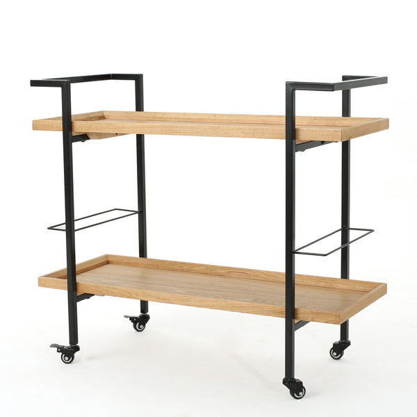 English Elm Christopher Knight Home® - BAR CART Modern Industrial Wood Look Bar Cart with Locking Casters, Two Lipped Shelves & Bottle Holders Natural 60997.00
