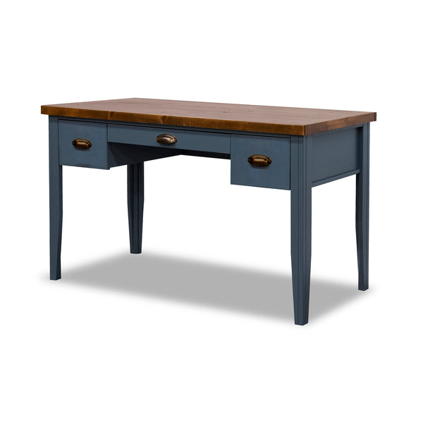 English Elm 53 Inch Writing Desk with Two-Tone Farmhouse Charm, Fully Assembled, Storage Drawers & Bronze Hardware Blue B108P160179