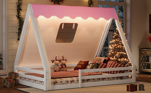 English Elm Twin Montessori Floor Bed Solid Pine Teepee Frame with Guardrails and Canopy Light White+Pink W1580P369467