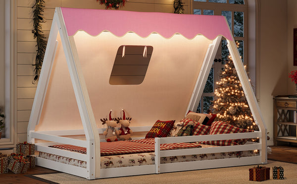 English Elm Twin Montessori Floor Bed Solid Pine Teepee Frame with Guardrails and Canopy Light White+Pink W1580P369467