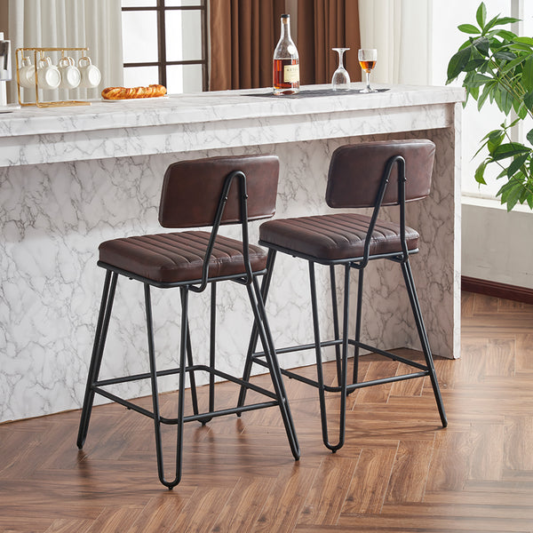 English Elm Industrial Bar Stools Set of 2 — Counter Height PU Leather Seats, Sturdy Metal Frame, Ergonomic Backrest and Footrest for Kitchen Island and Home Bar Brown W1901P264279