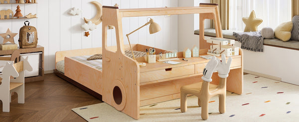 English Elm Full Size Car Shaped Kids Platform Bed with Storage Drawers Integrated Desk Pine Wood Natural W1580S00489