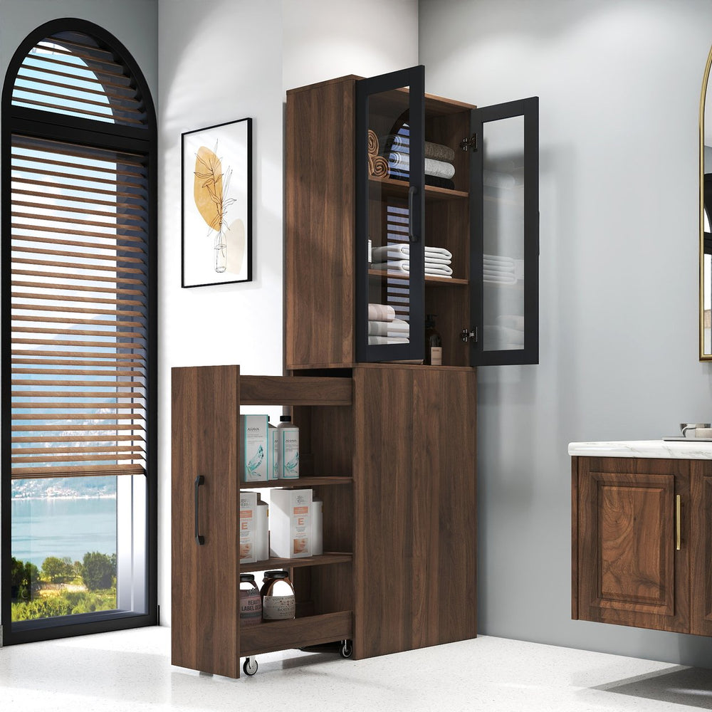 English Elm 70.87" Display Storage Cabinet with 4-Tier Pull-Out Shelves and Glass Doors for Kitchen & Living Room Walnut W331P295246