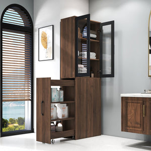 English Elm 70.87" Display Storage Cabinet with 4-Tier Pull-Out Shelves and Glass Doors for Kitchen & Living Room Walnut W331P295246