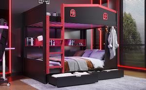 English Elm Twin Xl Solid Pine Loft Bed with Built-in Led Lighting and Storage Shelves W1580S00391
