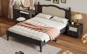 English Elm Queen Arched Rattan Headboard Platform Bed Matte Pine Frame No Box Spring Needed Black N733P180013B
