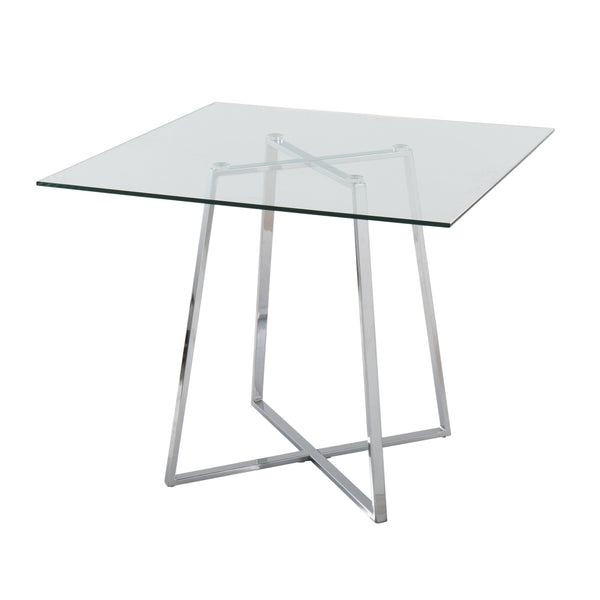 English Elm Cosmo Square Dining Table With Clear Glass Top & Chrome Base – Modern Elegance For 4 Guests B202S01114